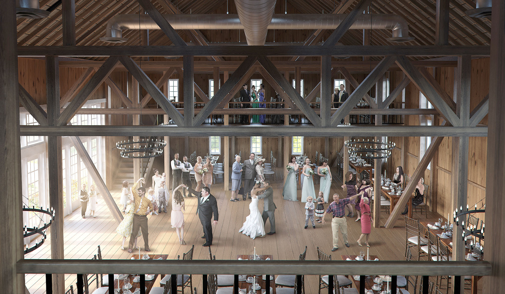 Barn interior showing a virtual wedding.